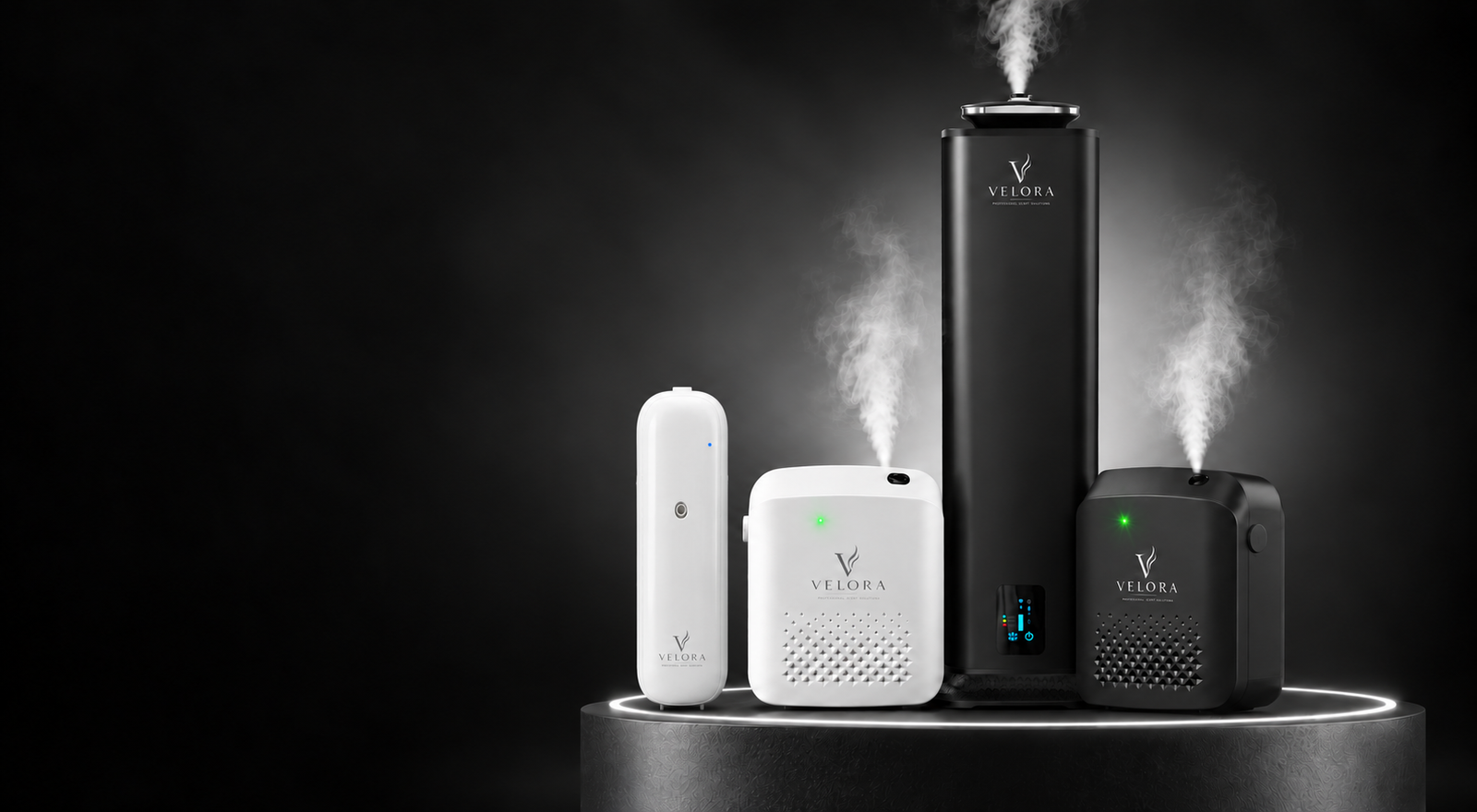 Tres equipos de aromatización VELORA sobre una plataforma iluminada, difundiendo una fina bruma